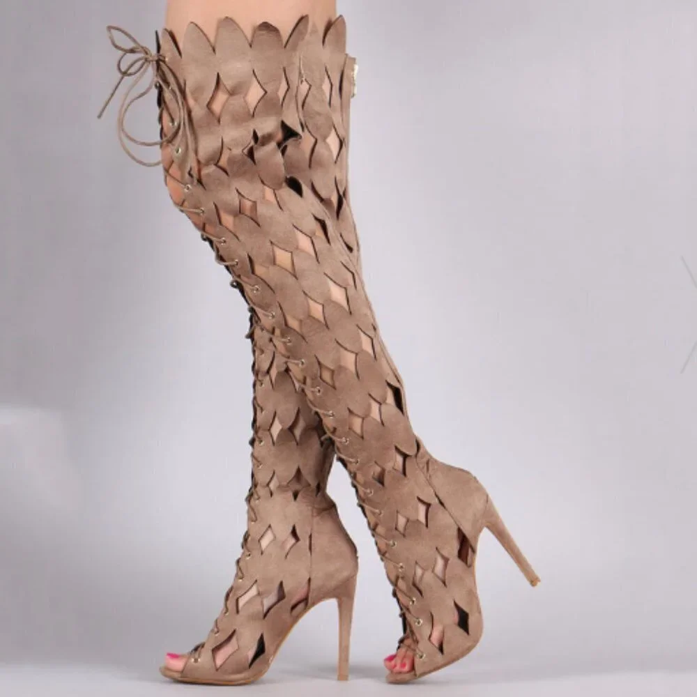 Gladiator Thigh High  SUEDE Stilettos  Boots Open Toe / CUT OUTS